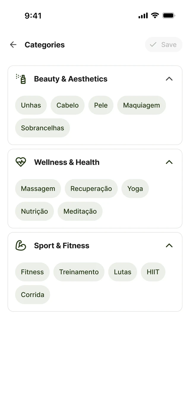 Perfil profissional no app Stadami com seleção de categorias de serviço